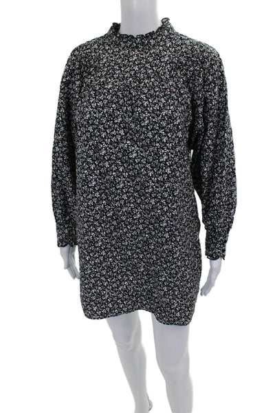 Zara Womens Black Floral Mini Dress High Neck Long Sleeve Cotton Button Size XS