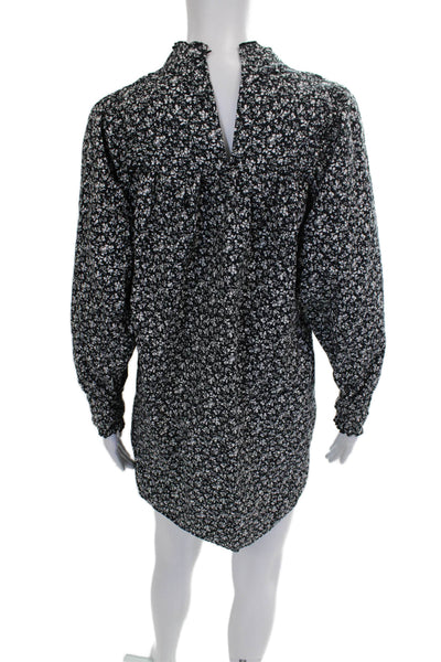Zara Womens Black Floral Mini Dress High Neck Long Sleeve Cotton Button Size XS