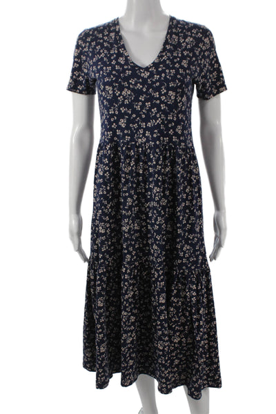 J Crew Womens Maxi Dress Blue Floral Cotton V-Neck Short Sleeve Size XS