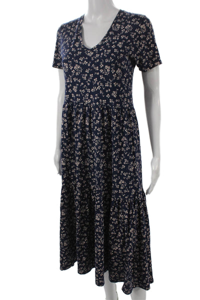 J Crew Womens Maxi Dress Blue Floral Cotton V-Neck Short Sleeve Size XS