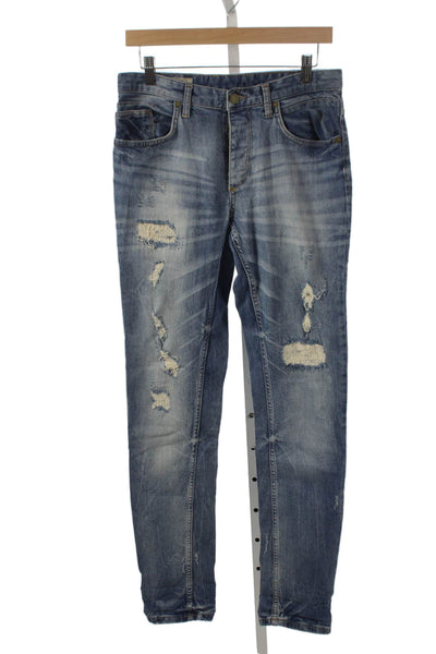 Zara Mens Straight Jeans Blue Distressed Cotton Blend Size 31