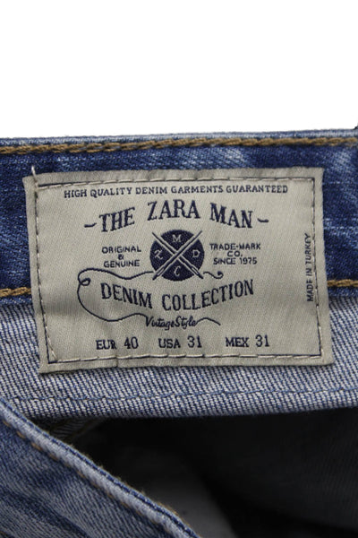 Zara Mens Straight Jeans Blue Distressed Cotton Blend Size 31