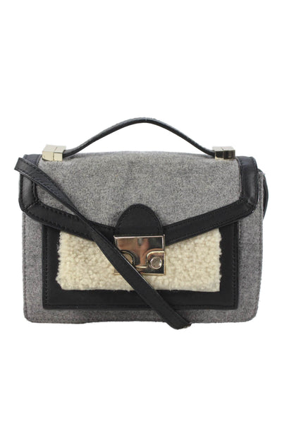 Loeffler Randall Womens Single Strap Pushlock Small Shearling Wool Handbag Gray