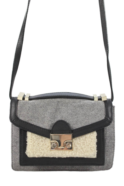 Loeffler Randall Womens Single Strap Pushlock Small Shearling Wool Handbag Gray