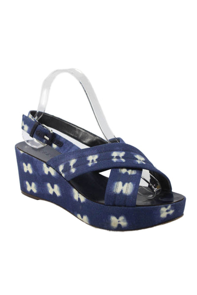 J Crew Womens Platform Wedge Slingbacks Sandals Navy Blue White Size 8.5
