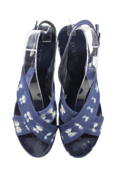J Crew Womens Platform Wedge Slingbacks Sandals Navy Blue White Size 8.5