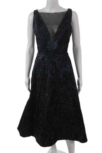 Lela Rose Womens Midi Dress Black V Neck Sleeveless Calligraphy Print Size 10