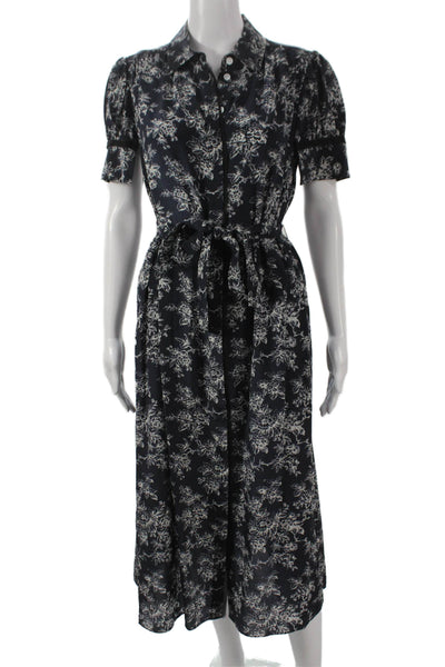 Jason Wu Women Shirt Dress Blue Silk Floral Collared Short Sleeve Midi Size 8