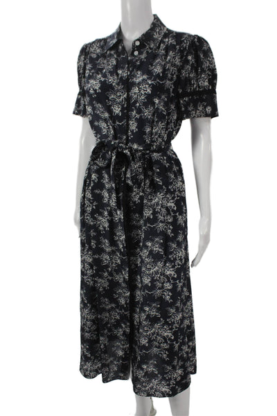 Jason Wu Women Shirt Dress Blue Silk Floral Collared Short Sleeve Midi Size 8