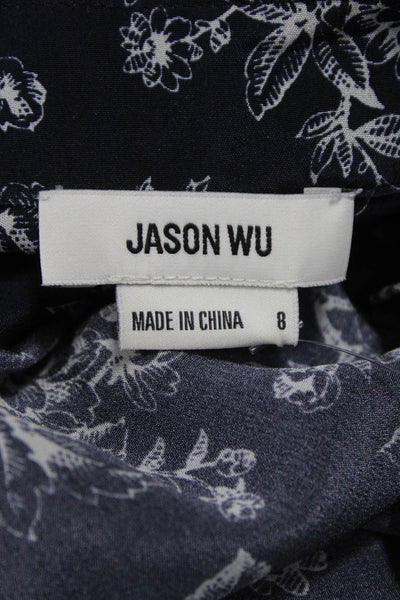 Jason Wu Women Shirt Dress Blue Silk Floral Collared Short Sleeve Midi Size 8