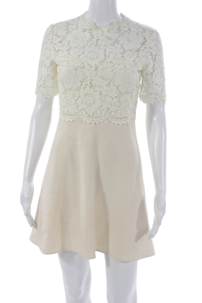 Valentino Women Fit & Flare Dress White High Neck Short Sleeve Size 4