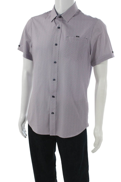 7 Diamonds Mens Geometric Print Button Down Shirt Lavender Navy Blue Size Small