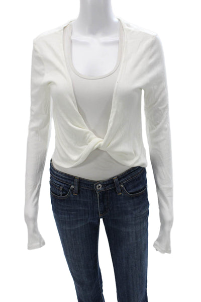 Michael Costello x Revolve Women Cropped V-Neck Long Sleeve Tee White Size M