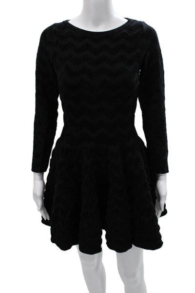 Alaia Women Fit & Flare Black Viscose Chevron Short Long Sleeve Dress Size 34