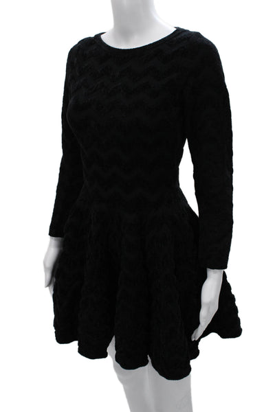 Alaia Women Fit & Flare Black Viscose Chevron Short Long Sleeve Dress Size 34