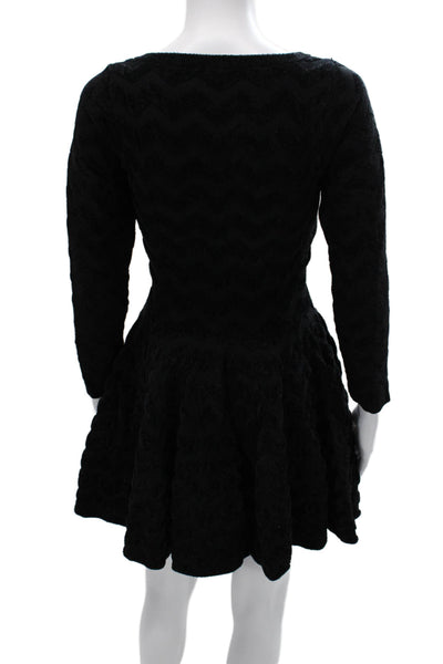 Alaia Women Fit & Flare Black Viscose Chevron Short Long Sleeve Dress Size 34
