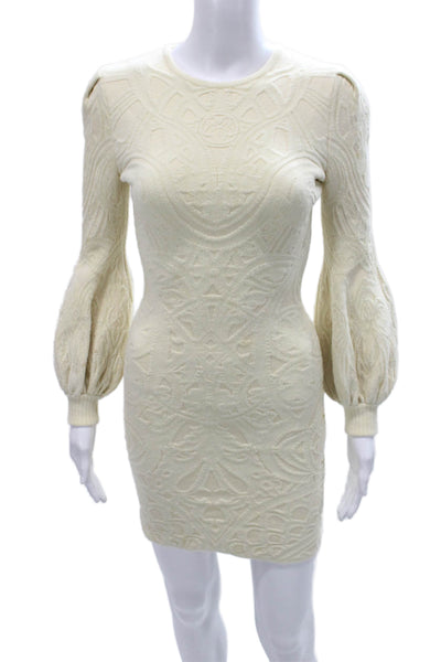 Alexander McQueen Women Ivory Wool Bodycon Short Dress Long Sleeve Size XS