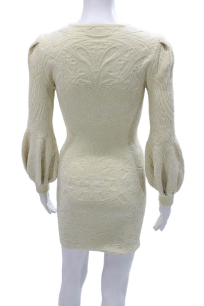 Alexander McQueen Women Ivory Wool Bodycon Short Dress Long Sleeve Size XS