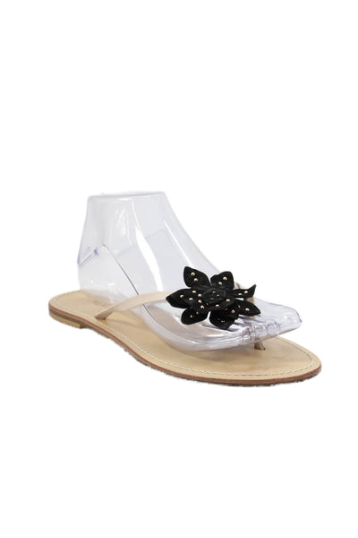 J Crew Womens Leather Studded Floral Thong Sandals Beige Black Size 9