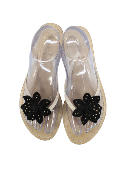 J Crew Womens Leather Studded Floral Thong Sandals Beige Black Size 9