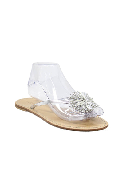 J Crew Womens Leather Fringe Thong Slide On Sandals Silver Size 9