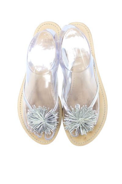 J Crew Womens Leather Fringe Thong Slide On Sandals Silver Size 9