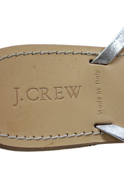 J Crew Womens Leather Fringe Thong Slide On Sandals Silver Size 9