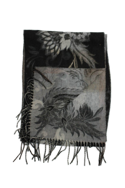 Cashmink Womens Cashmere Floral Print Fringe Trim Scarf Black Grey