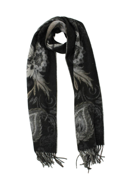Cashmink Womens Cashmere Floral Print Fringe Trim Scarf Black Grey