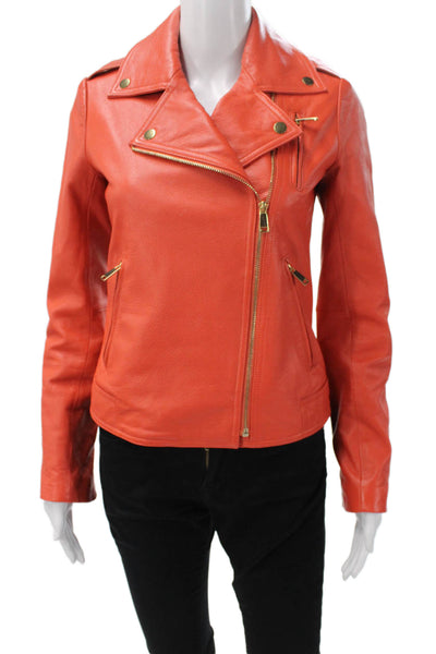 Neiman Marcus Women Biker Leather Jacket Orange Zip Long Sleeve Size XS