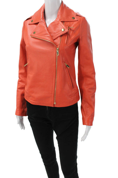 Neiman Marcus Women Biker Leather Jacket Orange Zip Long Sleeve Size XS