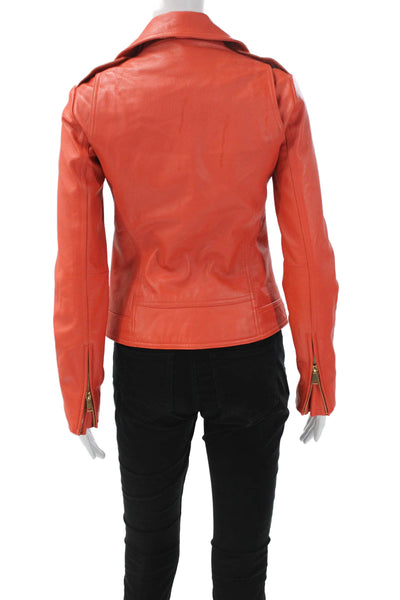 Neiman Marcus Women Biker Leather Jacket Orange Zip Long Sleeve Size XS