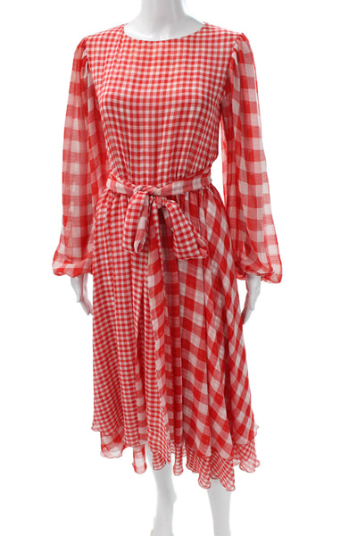Alcoolique Womens A-Line Gingham Silk Red Long Sleeve Midi Dress Size 6