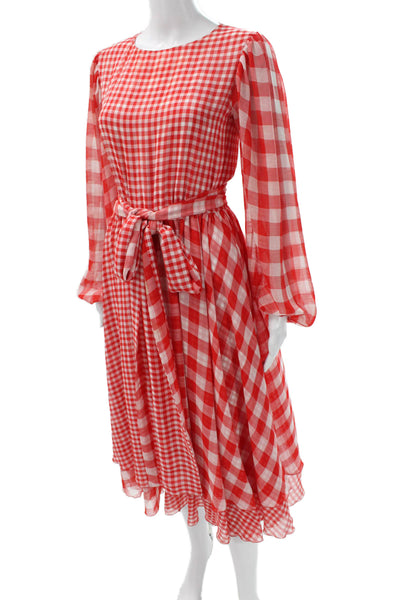Alcoolique Womens A-Line Gingham Silk Red Long Sleeve Midi Dress Size 6