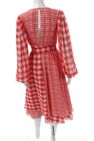 Alcoolique Womens A-Line Gingham Silk Red Long Sleeve Midi Dress Size 6