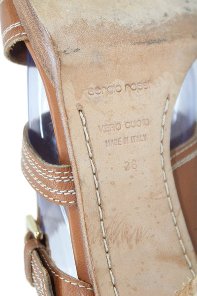 Sergio Rossi Womens Leather Gold Buckle Slide On Sandal Heels Brown Size 38 8