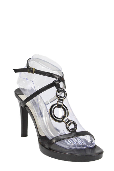Claudia Ciuti Womens Leather Circle T Strap Sandal Heels Black Size 8 Medium