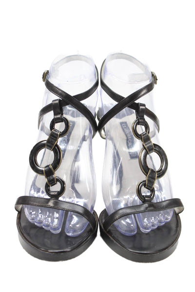 Claudia Ciuti Womens Leather Circle T Strap Sandal Heels Black Size 8 Medium