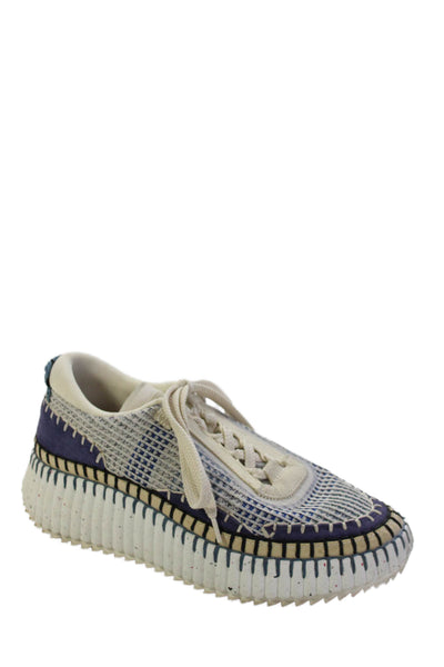 Chloe Womens Lace Up Knit Chunky Nama Low Top Sneakers Blue White Size 39