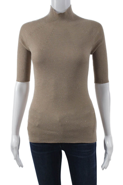 Peserico Women Beige Cotton Mock Neck Short Sleeve Tee Size 40