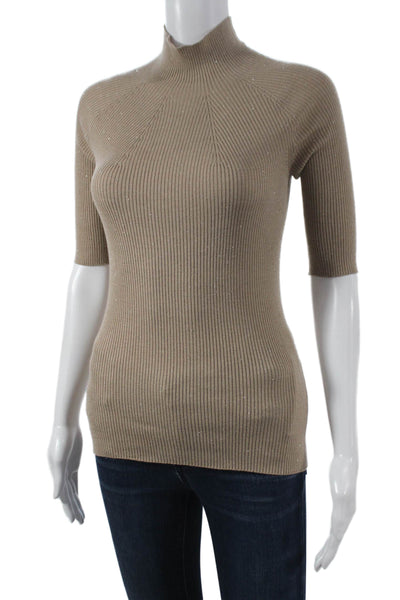 Peserico Women Beige Cotton Mock Neck Short Sleeve Tee Size 40
