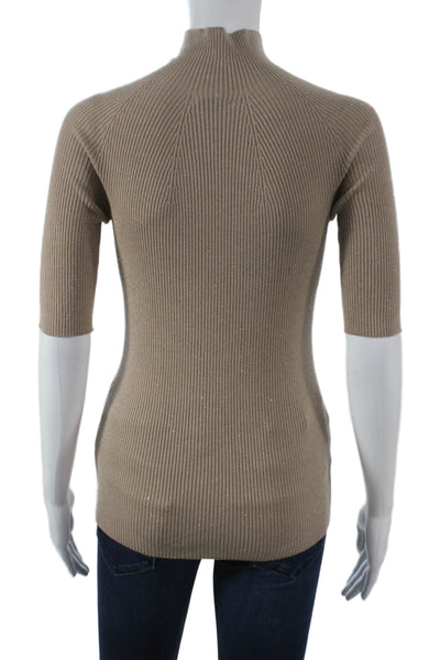 Peserico Women Beige Cotton Mock Neck Short Sleeve Tee Size 40