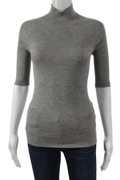 Peserico Womens Basic Gray Mock Neck Short Sleeve Sweater Wool Viscose Size 40