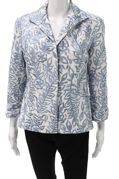 Lafayette 148 New York Womens Floral Linen Blazer Blue Button 3/4 Sleeve Size 4