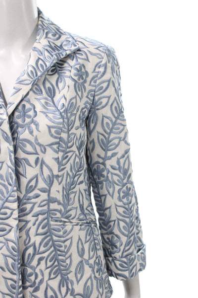 Lafayette 148 New York Womens Floral Linen Blazer Blue Button 3/4 Sleeve Size 4
