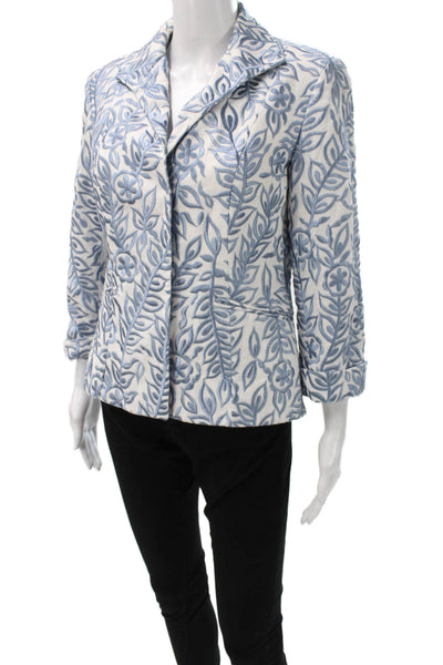Lafayette 148 New York Womens Floral Linen Blazer Blue Button 3/4 Sleeve Size 4