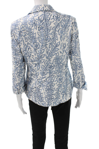 Lafayette 148 New York Womens Floral Linen Blazer Blue Button 3/4 Sleeve Size 4