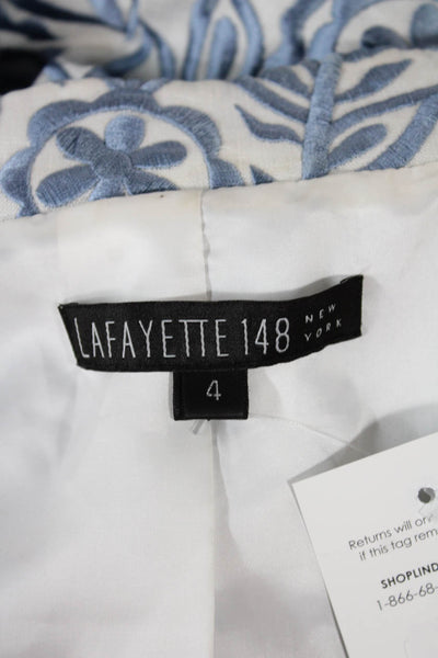 Lafayette 148 New York Womens Floral Linen Blazer Blue Button 3/4 Sleeve Size 4