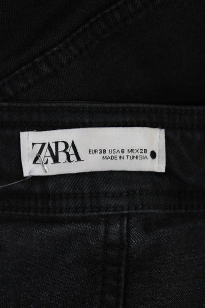 Zara Womens Wide Leg Jeans Black High Rise Button Size 6