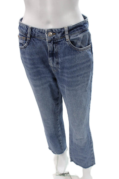 Zara Women Straight Jeans Blue High Waist Button 100% Cotton Size 6